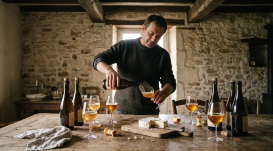 Un homme verse du cidre normand dans un verre incliné sur une table en bois avec des bouteilles et du fromage dans une ferme normande.