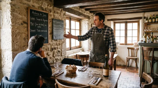 Un client consulte une ardoise du jour courte dans un petit restaurant normand pendant que le serveur lui indique les plats.