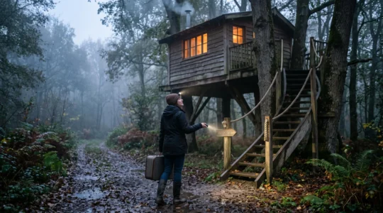 Une voyageuse arrive de nuit avec une valise et une lampe frontale au pied d'une cabane perchée éclairée dans une forêt normande humide.