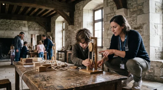 Un enfant de huit ans manipule un jeu de construction en bois lors d'un atelier pédagogique dans un musée normand, guidé par un médiateur accroupi à ses côtés.