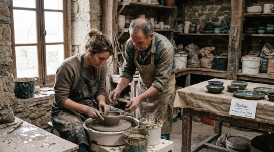 Une participante façonne un bol en argile sur un tour de potier dans un atelier normand, pendant qu'une artisane la guide, des créations terminées posées à côté.