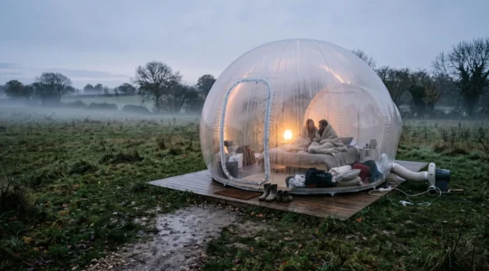 Une bulle transparente posée dans un pré normand humide au crépuscule, avec de la condensation sur la toile et un couple sous une couverture à l'intérieur.