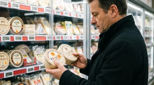 Un client compare deux boîtes de camembert en bois dans un rayon fromages de supermarché, l'une portant le logo AOP et l'autre non.