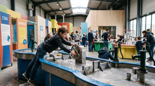 Un enfant actionne une manivelle sur une table à manipulations scientifiques dans un musée interactif lumineux