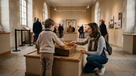 Un enfant de cinq ans manipule un exposé tactile dans un musée normand pendant que sa mère agenouillée l'accompagne.