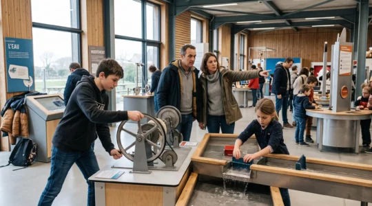 Une famille manipule des stations interactives dans un centre de découverte en Normandie, les enfants en action et les parents observant.