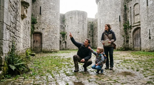 Une famille avec un enfant de six ans cherche des détails sur les murs de pierre dans la cour d'un château médiéval normand.