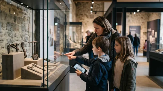 Un parent et deux enfants devant une vitrine de musée, l'un pointant l'objet réel pendant que l'autre tient une tablette interactive.