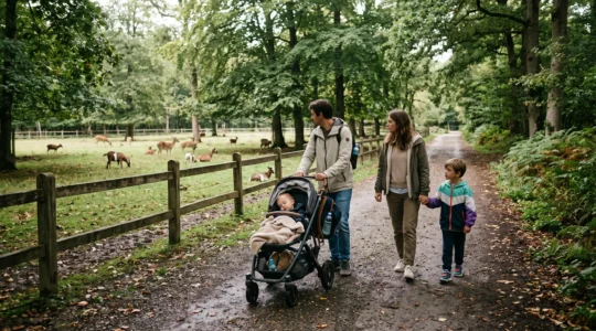 Une famille avec une poussette et deux enfants marche sur un chemin ombragé d'un parc animalier normand, devant un enclos avec des cerfs.