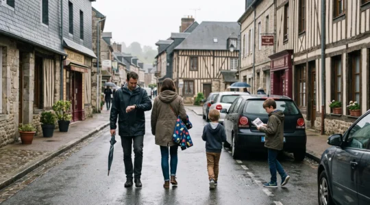Une famille avec deux enfants marche sous une pluie fine dans une rue normande pavée, un parent pliant son parapluie près de la voiture garée.