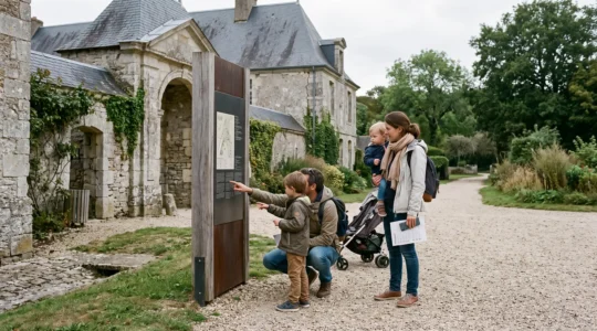 Une famille avec poussette examine un panneau d'informations à l'entrée d'un site en pierre de Normandie avant sa visite.
