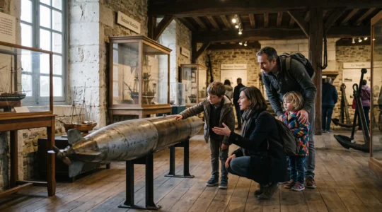 Une famille échange devant une torpille exposée dans un musée maritime en Normandie, les parents à hauteur d'enfant pendant la visite.