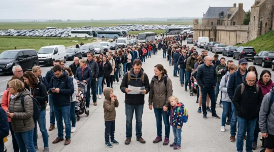 Une famille avec deux enfants attend dans une longue file de visiteurs sur le chemin d'accès d'un site touristique normand, avec un parking complet visible en arrière-plan.