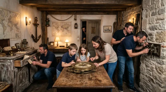 Un groupe d'amis et d'enfants cherchent des indices ensemble dans une salle d'escape game au décor historique, pendant qu'un maître du jeu les observe.