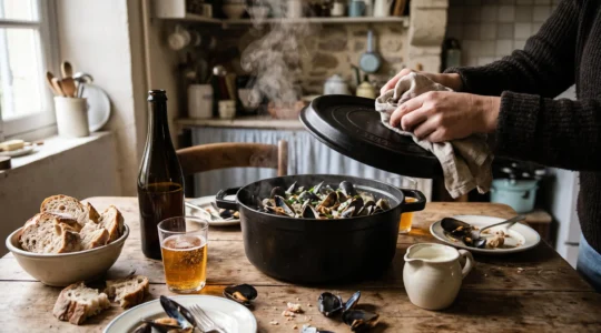 Une casserole de moules à la crème et au cidre fumante posée sur une table en bois dans une cuisine normande, avec du pain de campagne et une bouteille de cidre.