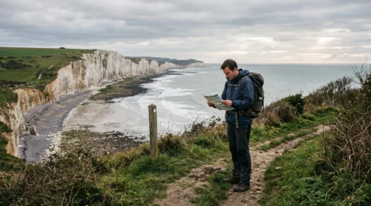 Une randonneuse consulte un horaire de marées sur un sentier en haut de falaise en Normandie, la plage en contrebas déjà partiellement recouverte par la mer.