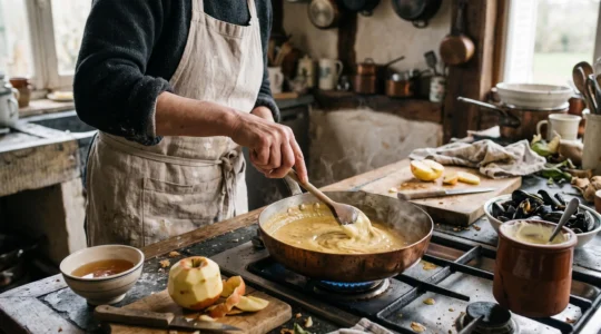Un cuisinier incorpore de la crème fraîche épaisse dans une sauce au cidre dans une cuisine normande.