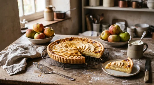 Une tarte normande aux pommes dorée repose sur une grille de refroidissement dans une cuisine rustique, une part coupée révélant la pâte croustillante et l'appareil à la crème.