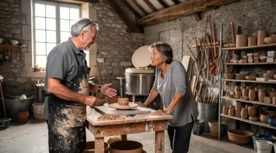 Une visiteuse examine une pièce en céramique dans l'atelier d'une artiste en Normandie, entourée d'outils et d'œuvres en cours.