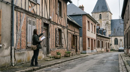 Un visiteur observe la façade à colombages d'une maison normande en comparant les bois et les remplissages, avec un clocher d'église en pierre visible dans la rue.