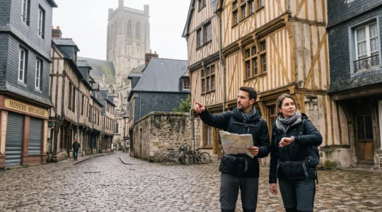 Deux visiteurs consultent un plan sur une place pavée bordée de maisons à colombages dans une ville historique de Normandie